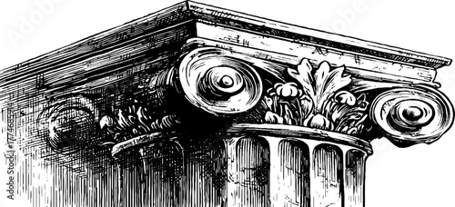 Vintage engraved architectural corner with floral volutes for design and decor