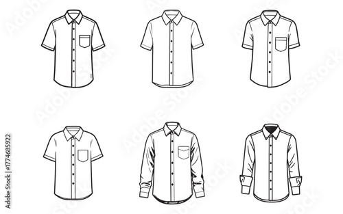 Variety of Mens Dress Shirts in Outline Style Featuring Short Sleeves and Long Sleeves for Fashion and Design Projects