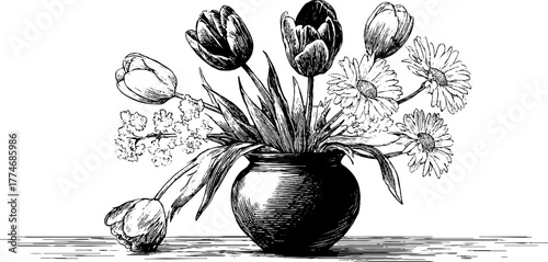 Vintage engraved floral still life with tulips and daisies for decorative art and design