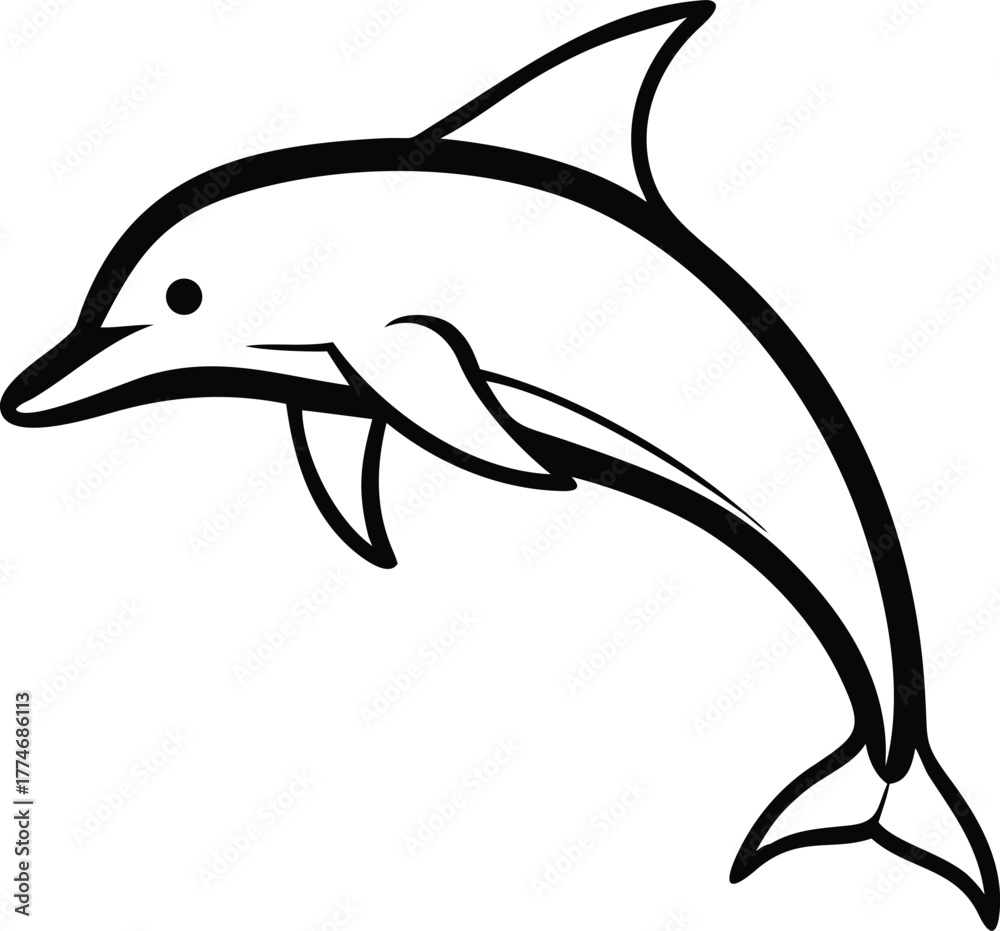 Fototapeta premium Black and white dolphin illustration jumping, simple design, clean lines