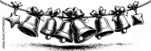 Vintage holiday banner with bells and stars for festive decorations