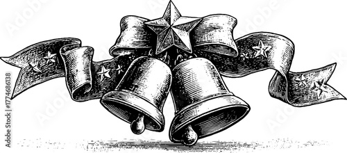 Engraved decorative horizontal banner stars bells holiday vintage sketch hand drawn engraving silhouette. Classic festive ribbon design with ornate embellishment and traditional seasonal artistry.
