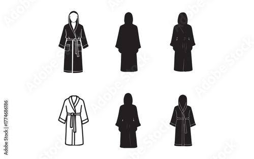 Variety of Robe Styles in Minimalist Black and White Vector Illustration Perfect for Fashion Design and Textile Mockups Emphasizing Comfort and Relaxation