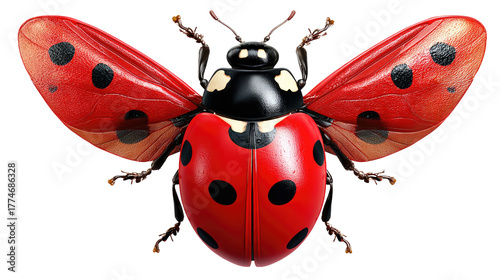 Ladybug in Flight: Witness the vibrant wings of a ladybug unfurl in mid-flight, showcasing its striking red and black patterned shell against the pure background.