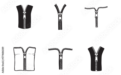 Variety of Zipper Illustrations for Fashion Design and Clothing Manufacturing Isolated on White Background Different Types
