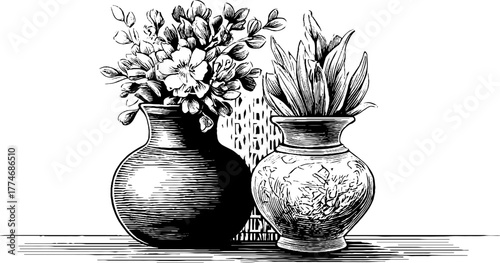 Engraved decorative still life vases foliage vintage sketch hand drawn engraving illustration. Classic botanical arrangement with elegant floral ornament and intricate artistic design.
