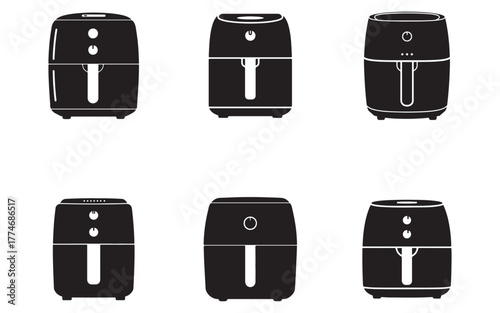 Various air fryer designs in black and white for modern kitchen appliances and healthy cooking options represented in vector format
