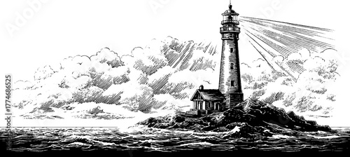 Engraved decorative vignette of lighthouse with sea horizon for coastal theme design