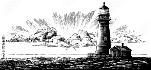 Vintage engraving of lighthouse and sea horizon scene for nautical designs