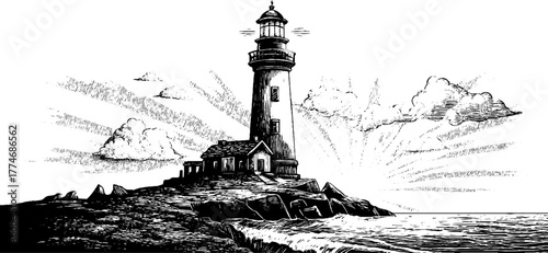 Vintage engraving of lighthouse on sea horizon for nautical theme design