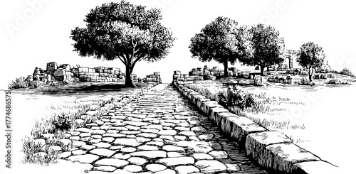Vintage engraving of a cobblestone road lined with trees in a historical setting for retro design