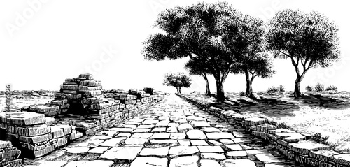 Vintage engraved scene of a cobbled road lined with trees for retro design