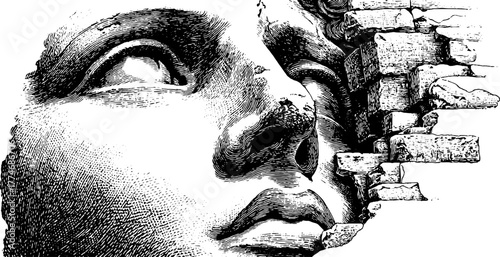 Ancient stone head engraving with eroded features for historical artifact design