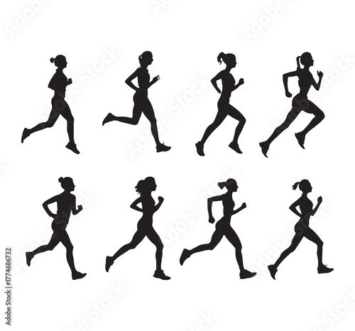 Silhouette of running woman on white background