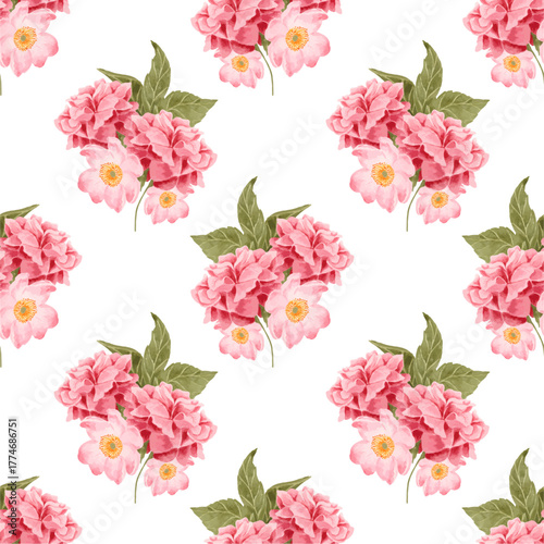Watercolor seamless pattern with peony flowers. Perfect for wallpaper, fabric design, wrapping paper, surface textures, digital paper.