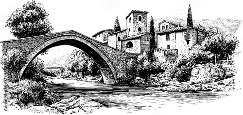 Vintage engraving of arched stone bridge and historic village scene
