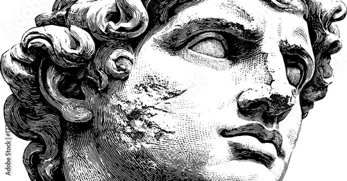 Classical fragmentary bust with detailed curls in vintage engraved style for artistic design