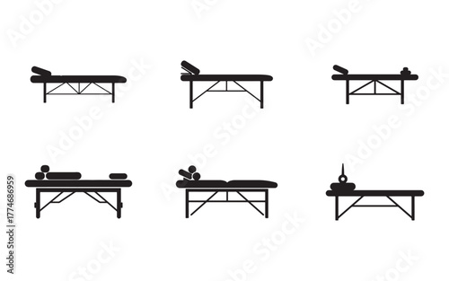 Various Massage Tables and Equipment Black Silhouettes for Wellness and Relaxation Treatment in Spa or Physical Therapy Settings