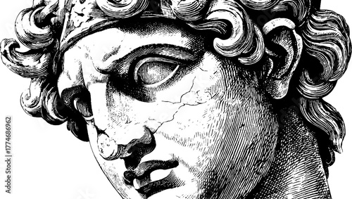 Detailed vintage sketch of fragmentary bust with intricate curls for design and art projects