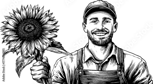Gardener holding sunflower in vintage engraving style for retro design