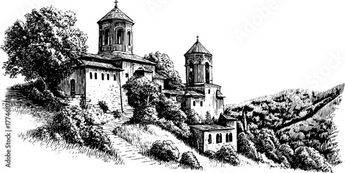 Ancient monastery ruins on mountain slope depicted in engraved style for historical art and design