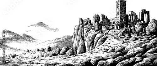 Vintage illustration of monastery ruins on mountain slope for historical art and design