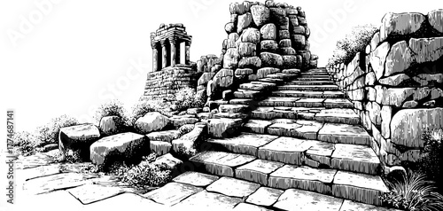 Ancient ruins stone staircase engraving for vintage design and historical illustration
