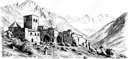 Engraved illustration of historic monastery ruins on mountain slope for vintage design