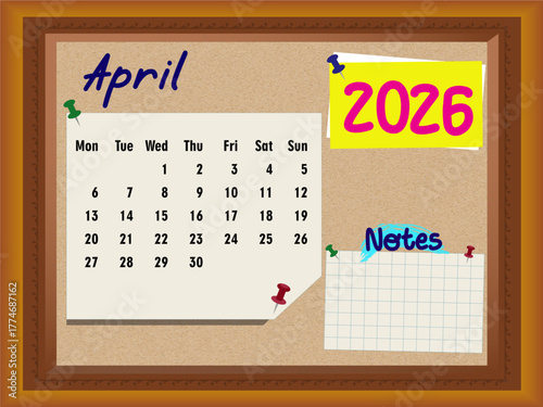 April 2026 Calendar on Cork Board with Notes, Sunday Week Start, Push Pins