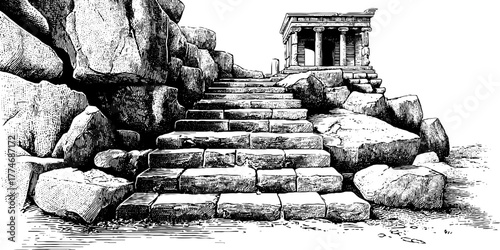 Vintage engraving of old stone staircase leading to ancient ruins