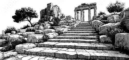 Engraved stone staircase leading to ruins with ancient architecture and trees