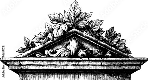 Ornate stone gate pediment with sculpted leaf design for architectural decor