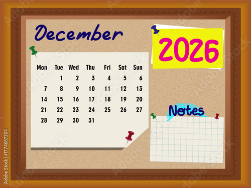 December 2026 Calendar on Cork Board with Notes, Sunday Week Start, Push Pins