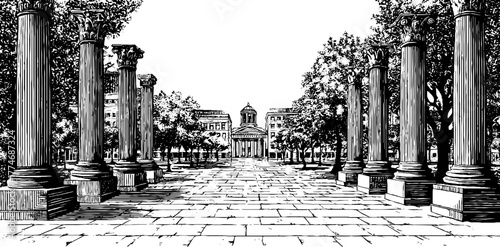 Engraved depiction of stone colonnade in ancient plaza for historical design