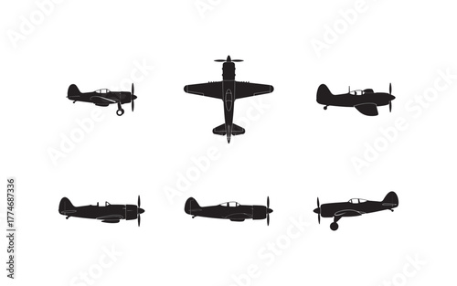 Vintage Airplane Silhouettes Collection World War Two Aircraft Graphics Minimalist Art Designs Aviation History Enthusiasts Illustration Retro Plane
