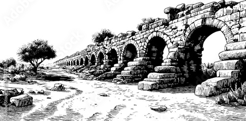 Engraved depiction of a ruined stone aqueduct over a dry riverbed in a vintage style design