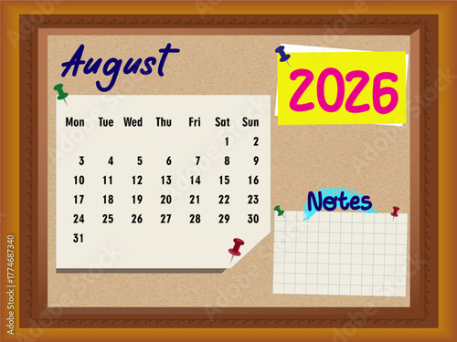 August 2026 Calendar on Cork Board with Notes, Sunday Week Start, Push Pins