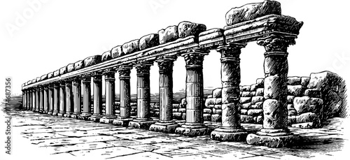 Ancient stone colonnade engraving in historic plaza for architectural design