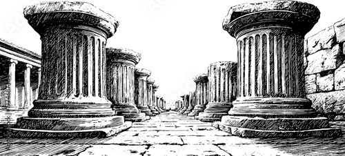 Ancient stone colonnade engraving - historic plaza architecture illustration for vintage design