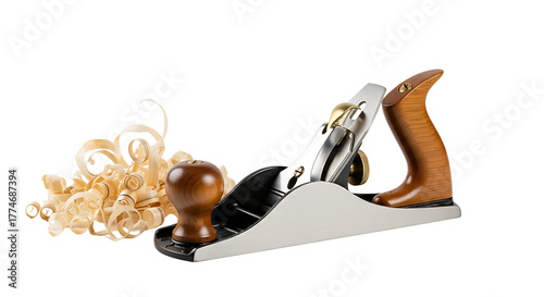 Wooden Hand Plane Tool with Shavings on White Background for Carpentry and Woodworking Projects