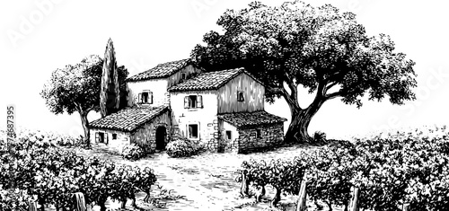 Vintage engraving of stone farmhouse surrounded by vineyard rows