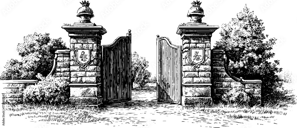 Fototapeta premium Vintage engraving of vineyard entrance with stone pillars and open gate for design or decoration