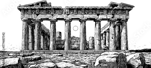 Engraved depiction of sunlit classical temple ruins for historical design and art projects