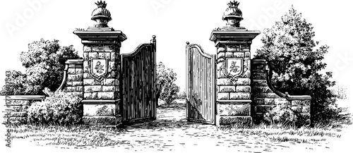 Vintage engraving of vineyard entrance with stone pillars and open gate for design or decoration
