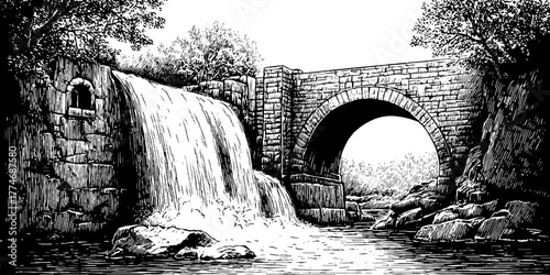 Historic waterfall scene with ancient stone bridge engraved illustration for vintage decor