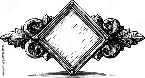 Vintage ornamental diamond frame with scrolls for retro design projects