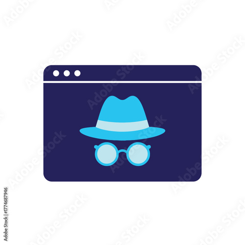 Vector illustration of illustration of incognito mode on a web browser, featuring a hat and glasses, symbolizing privacy and anonymity while surfing the internet