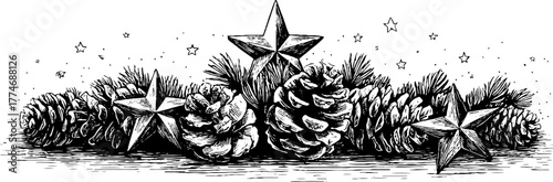 Festive garland featuring engraved pine cones and stars for holiday decor design