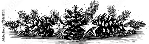 Festive garland with pine cones and stars for holiday decoration design