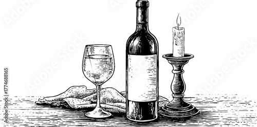 Vintage wine still life with glass bottle and candle for festive decoration design